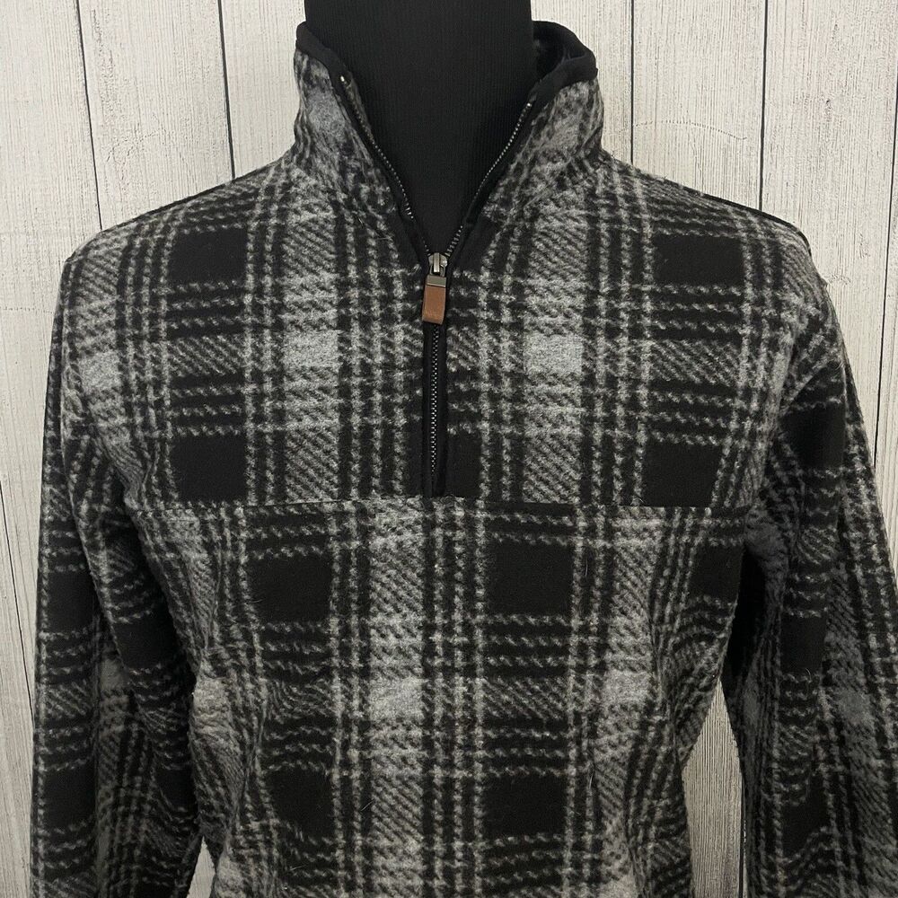 John Wayne Men's XL Black & Gray Check Quarter Zip Fleece Pullover Sweater